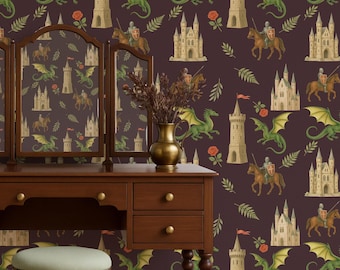 Medieval Dragon Knight Peel and Stick Wallpaper: Dark Academia Castle Rose Pattern