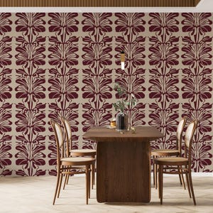 Vintage Botanical Wallpaper – Burgundy Floral Wallpaper - Elegant Bedroom & Living Room Accent Wall