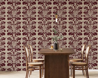 Vintage Botanical Wallpaper – Burgundy Floral Wallpaper - Elegant Bedroom & Living Room Accent Wall