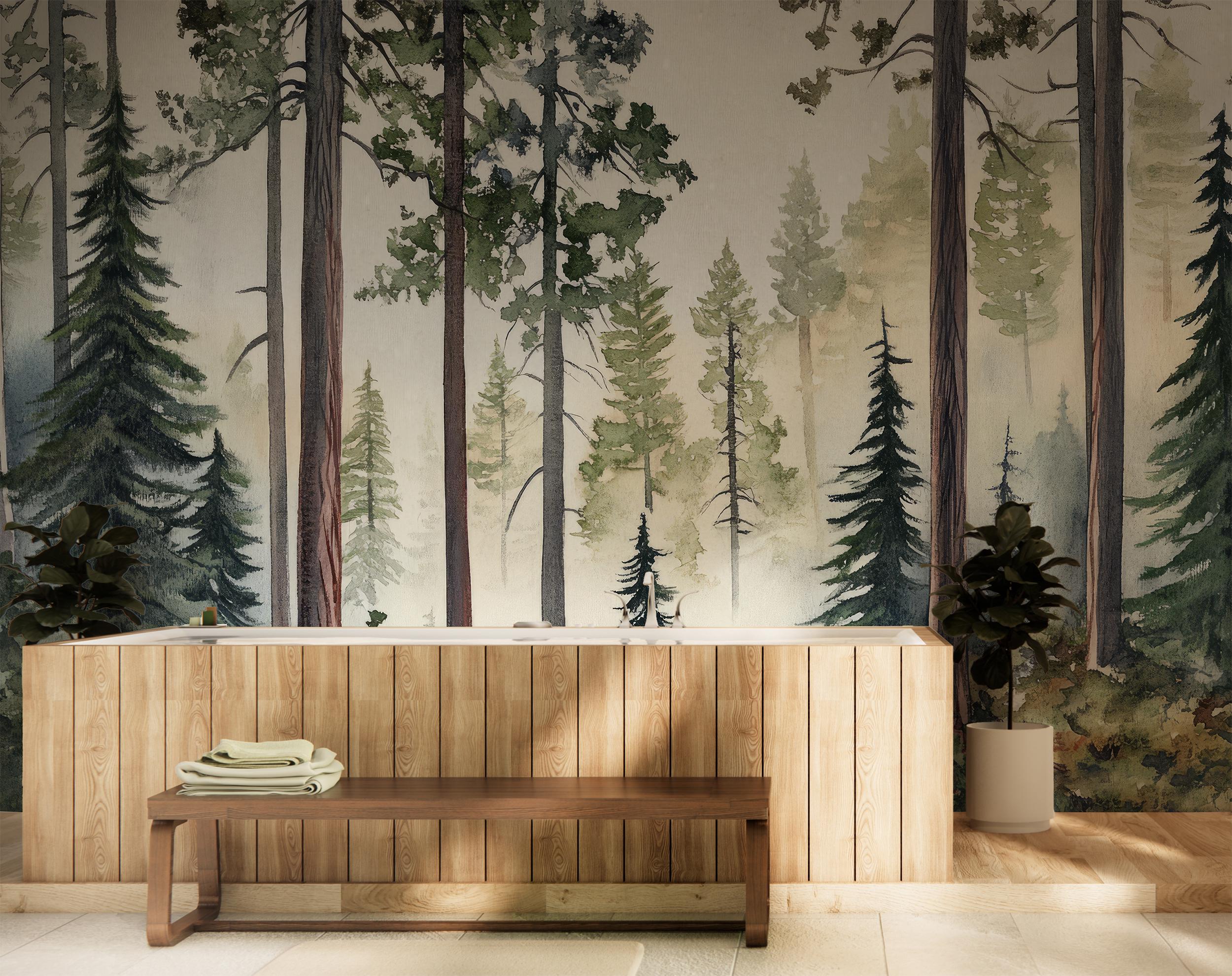 Tall Pine Forest Wall Mural, Watercolor Tree Wallpaper, Minimalist ...