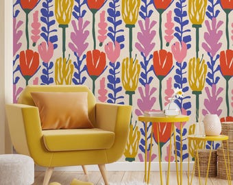 Floral Tulip Wallpaper, Scandinavian Folk Art, Maximalist Accent Wall