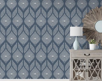 Navy Blue Geometric Wallpaper, Peel and Stick Accent, Art Deco Teardrop Wallpaper