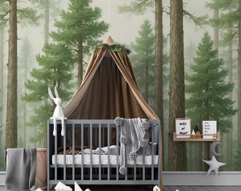 Woodland Forest Wallpaper, Misty Pine Tree Wall Mural, Watercolor Nature Nursery Wall Covering, Peel and Stick Accent Wall, Kids Room Décor