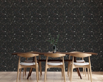 Gothic Garden Wallpaper, Dark Academia Tiny Floral Pattern, Custom Size Black Background Peel & Stick, Dining Room Décor