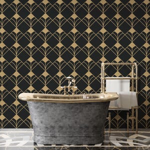 May include: A black and gold geometric patterned wallpaper with a freestanding bathtub and a potted plant in the corner.
