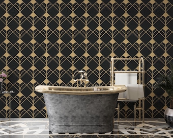Black Gold Geometric Wallpaper, Gatsby Style Statement Wallpaper, Art Deco Style Peel and Stick Mural, Vintage Glam Wall Decor
