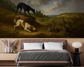 Style Hunting Dog and Rabbit Mural, Classic Wildlife Oil Painting, Traditional Countryside Scene, Peel and Stick, Self Adhesive Wallpaper