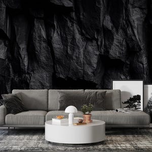May include: A gray sofa with a dark gray throw pillow, a white mushroom-shaped lamp, and a small potted plant on a round white coffee table. Behind the sofa is a wall mural featuring a large, textured black rock formation with deep shadows.