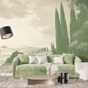 Green Tuscany Landscape Mural, Italian Countryside Wallpaper, Vintage Wall Art with Cypress Trees for Elegant Interiors