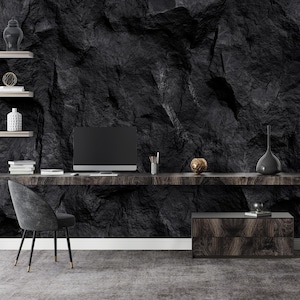 Black Stone Wall Mural, 3D Cracked Rock Texture Wallpaper, Dark Charcoal Peel and Stick, Modern Minimalist & Industrial Accent Wall