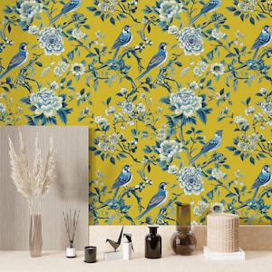 Vibrant Yellow Floral Bird Wallpaper, Blue Birds & Peonies Wall Art Decor, Vintage Botanical Wall Mural