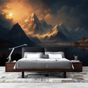 Moody Mountain Mural, Sunset Lake Wallpaper, Peel and Stick, Dark Wall Art Bedroom Accent, Epic Fantasy Accent Wall Mural