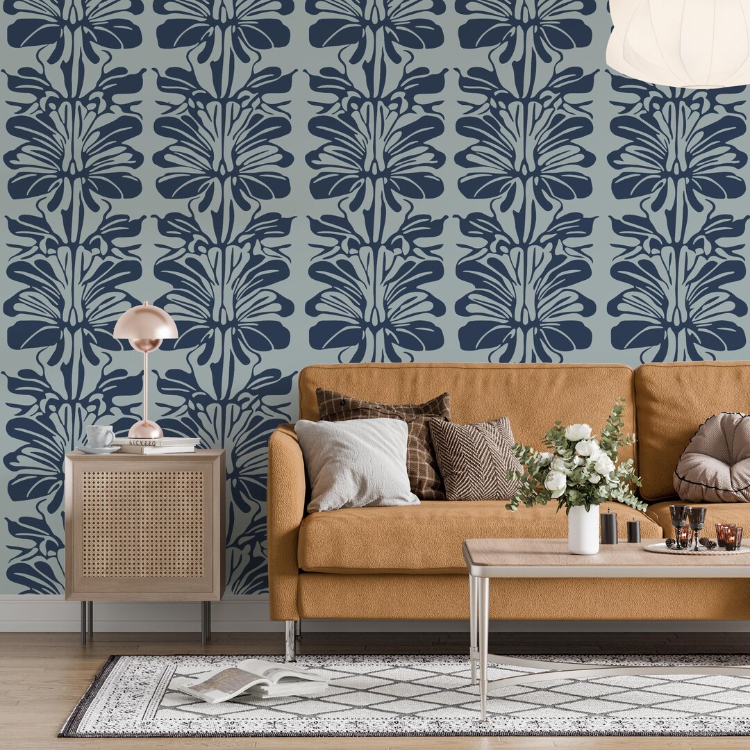 Art Deco Botanical Wallpaper - Blue Gray - Eco-friendly - Etsy
