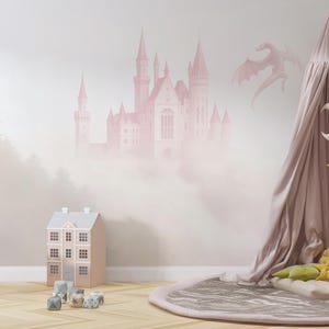 Pink Fairy Tale Castle Wallpaper, Dragon Wall Mural for Nursery, Peel and Stick, Whimsical Princess Décor for Baby Girl Room