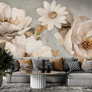 Floral Wall Mural with Gold Accents, Abstract White Flowers Wallpaper, Peel and Stick Wallpaper Living Room, Wall Mural Bedroom Décor