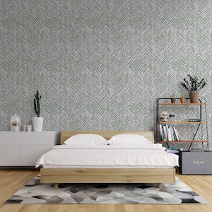 Green Herringbone Wallpaper, Sketched Chevron Lines Sage Tones, Subtle Green Herringbone Pattern, Sketched Chevron Lines