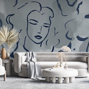 Minimalist Gray Line Art Wall Mural, Abstract Feminine Wallpaper, Modern Accent Wall for Living Room & Bedroom