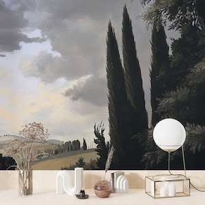 Dark Tuscany Landscape Mural, Elegant Italian Countryside Wall Art, Moody Vintage Wallpaper for Modern Interiors