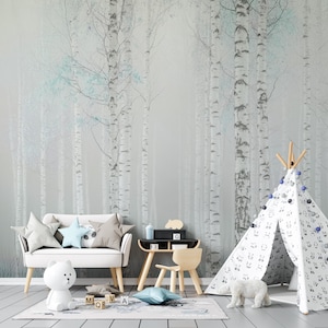 Misty Birch Forest Wallpaper Mural, Blue Teal Accent Woodland Wall Art Mural, Grey White Kids Room Wall, Nordic Removable Wallpaper