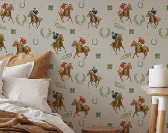 Colorful Equestrian Polo Wallpaper | Vintage Horse Rider Pattern | Removable Peel and Stick Wall Mural | Sporting Life Horse Wallpaper