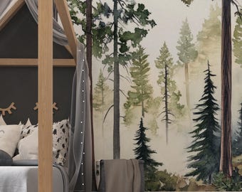 Tall Pine Forest Wall Mural, Watercolor Tree Wallpaper, Minimalist Woodland Nursery Décor, Scandinavian Kids Room, Peel and Stick Removable