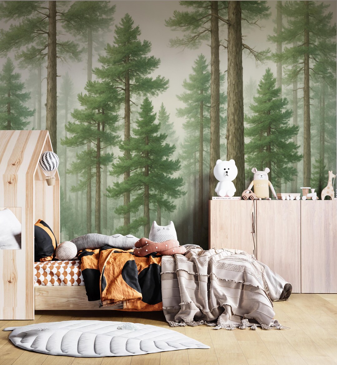 Misty Pine Forest Wall Mural, Watercolor Evergreen Tree Wallpaper ...