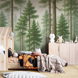 Misty Pine Forest Wall Mural, Watercolor Evergreen Tree Wallpaper, Nature Kids Room Décor, Woodland Nursery, Peel and Stick Removable