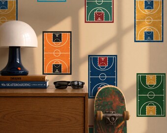 Basketball Court Wallpaper, Retro Sports Kids Room Décor, Peel and Stick Removable Wallpaper, Teen Boy Bedroom Wallpaper