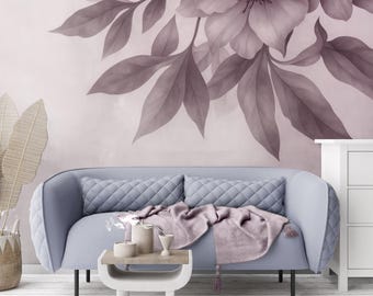 Dusty Purple Peony Floral Wallpaper Mural: Romantic Peel and Stick Wall Art
