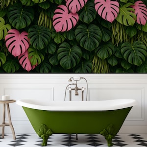 Wall Mural Tropical Monstera Leaf, Pink & Green Bathroom Mural, Peel and Stick Botanical Wall Art, Bold Bathroom Botanical Design