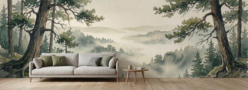 Misty Forest Nursery Wallpaper, Watercolor Pine Tree Wall Mural ...