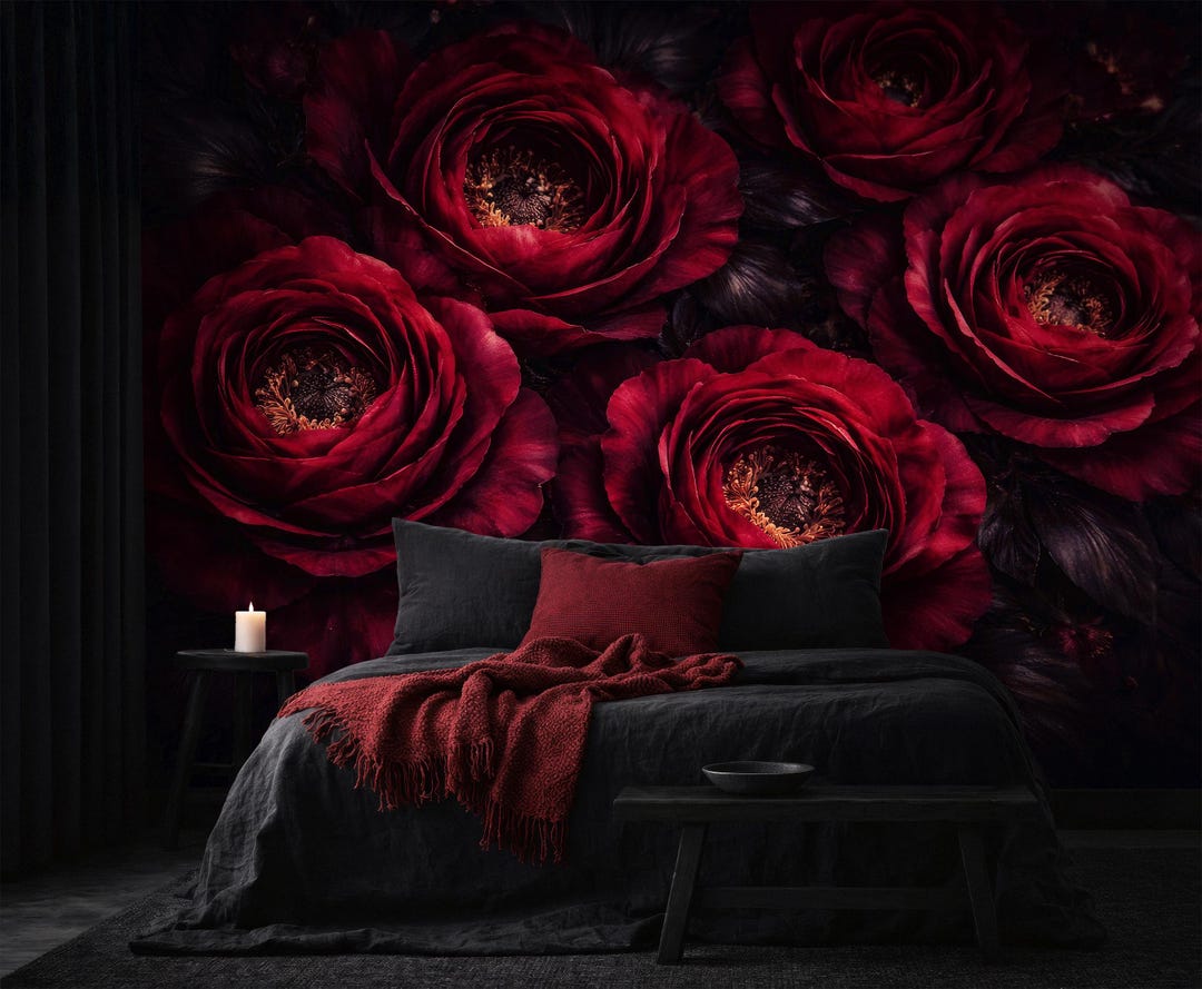 Dark Red Peony Wall Mural, Moody Floral Wallpaper, Large Burgundy Rose ...