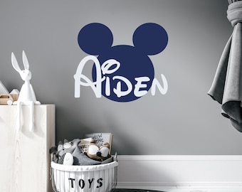 Calcomanía de pared con nombre de Mickey Mouse, orejas de Mickey, vinilo personalizado, decoración para dormitorio infantil, habitación infantil, ZX29