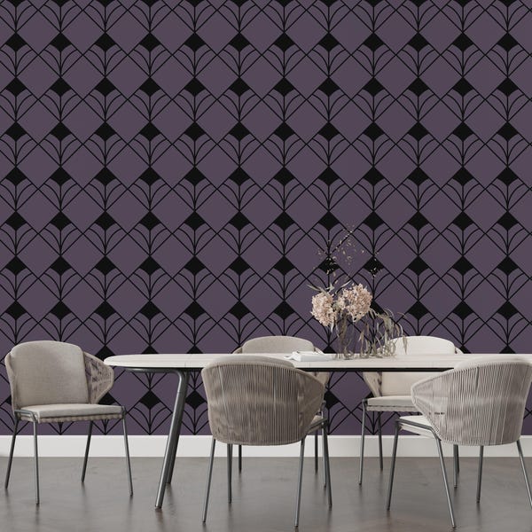 Deep Purple Geometric Wallpaper, Art Deco Style Peel & Stick Mural with Black Lines, Moody Wall Décor, Dark Purple Black Art Deco Pattern