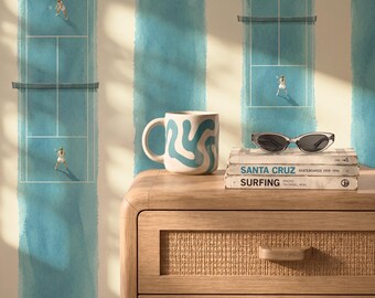 Blue Tennis Wallpaper Peel and Stick Removable, Watercolor Stripe Wall, Preppy Sport Wallpaper, Custom Size Wall Any Room