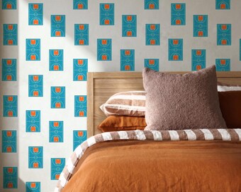Basketball Court Wallpaper, Peel and Stick Removable Wall Mural, Sport Theme Playroom Décor, Vibrant Blue Orange Nursery Wallpaper