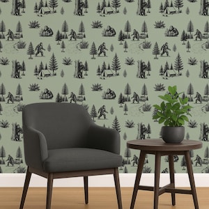 Sage Green Bigfoot Toile Wallpaper - Quirky Cabin Wall Decor