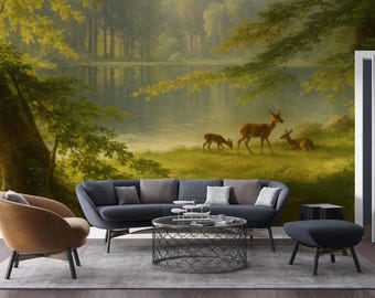 Forest Deer Wall Mural, Woodland Lake Scene Peel and Stick, Wallpaper Nature Inspired Décor, Wall Mural Art