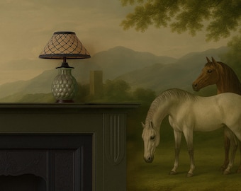Oil Painting Scenic Wallpaper, Two Horses Meadow Print, Traditional Manor House Décor, Custom Size Wall Art