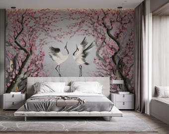 Crane Cherry Blossom Wall Mural – Elegant Oriental Wallpaper for Bedroom & Living Room