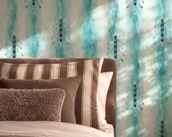 Teal Watercolor Rowing Wallpaper Peel and Stick, Aqua Coastal Boat Pattern Wall Mural, Nautical Crew Team Wallpaper, Ocean Waves Wall Décor