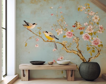 Stunning Floral Wall Mural, Blue Green Blossom Birds, Boho Zen Decor, Chinoiserie Bird Floral Wallpaper Mural, Botanical Wall Art Soft Blue