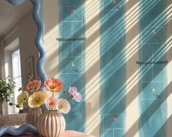 Watercolor Tennis Court Wallpaper Peel and Stick, Blue Striped Sports Wall Mural, Whimsical Preppy Nursery Décor, Removable Accent Wall