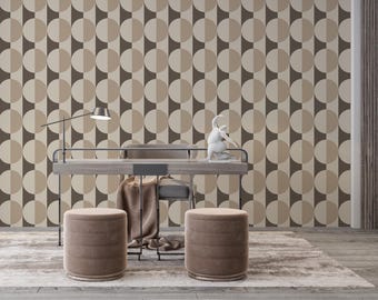 Wallpaper Geometric Circle, Mid Century Modern Retro Wall Mural, Beige and Brown Home Decor