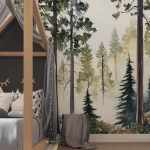 Tall Pine Forest Wall Mural, Watercolor Tree Wallpaper, Minimalist Woodland Nursery Décor, Scandinavian Kids Room, Peel and Stick Removable