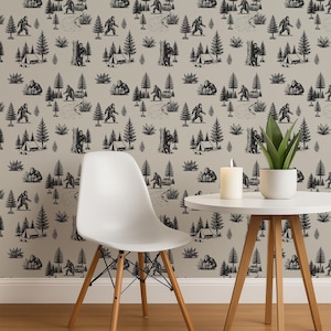 Bigfoot Toile Wallpaper: Quirky Cryptid Forest, Cabin Decor, Peel & Stick