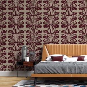 Burgundy Floral Wallpaper, Elegant Botanical Wallpaper, Vintage Wallpaper Dining Room, Bedroom, Office Wallpaper
