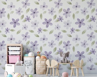 Watercolor Lavender Floral Wallpaper Peel and Stick, Pastel Purple Flower Wall Mural, Cute Girls Nursery Décor, Removable Playroom Wallpaper