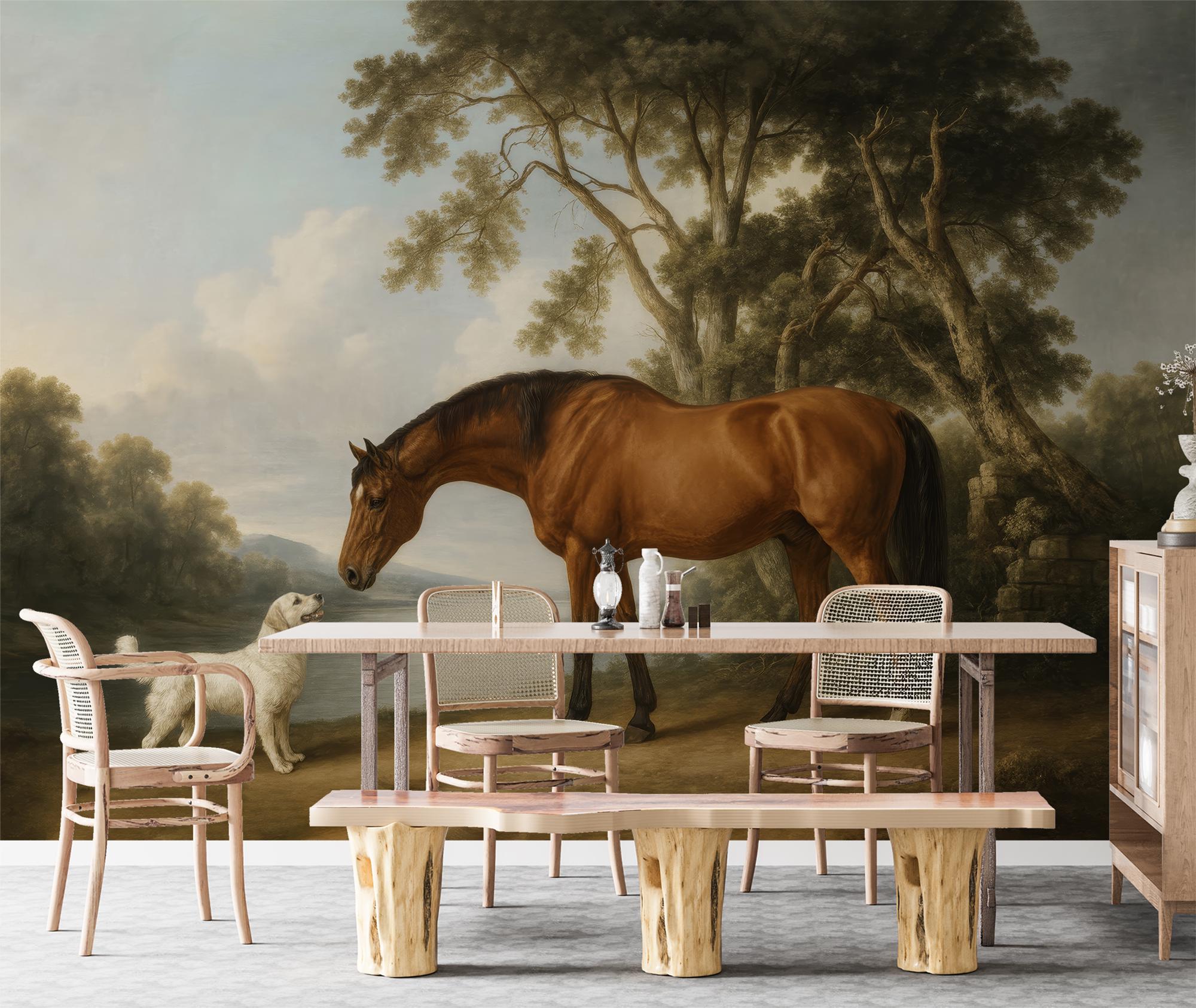 Classic Art Horse and Dog Mural, Vintage English Painting