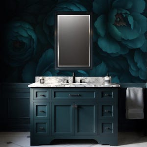 Teal Floral Wallpaper, Large Dark Botanical Peel and Stick Mural, Dramatic Flower Art, Dark Floral Wallpaper Teal & Black, Elegant Bathroom